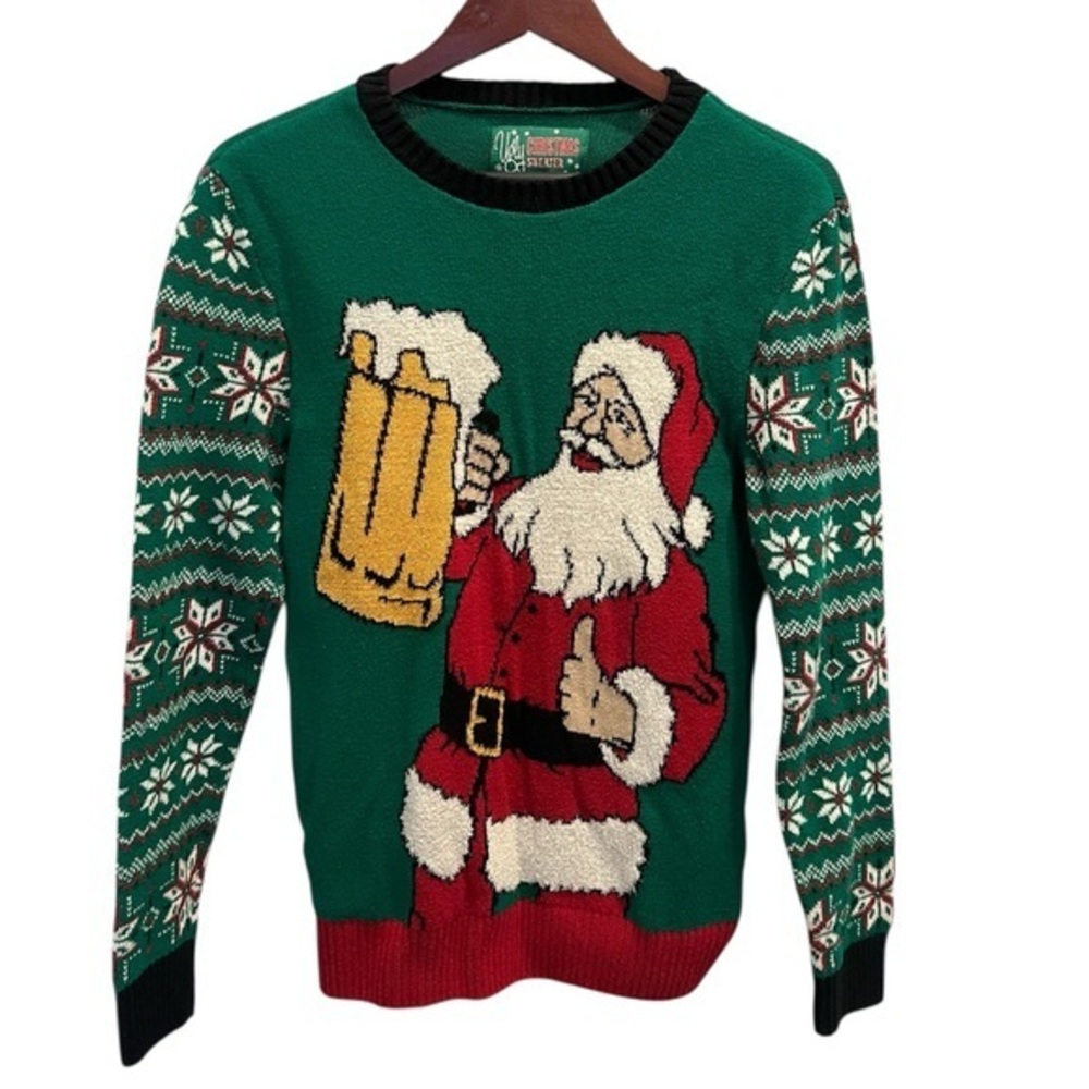 Ugly Christmas Sweater Green Drinking Santa Crewneck Size Small